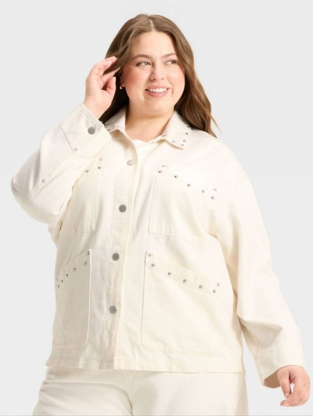 🆕 Denim Studded Jacket Oversized Boxy Western Women Sz L Ivory Universal Thread
